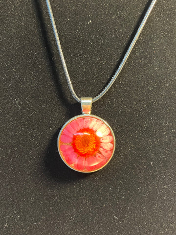 Pink dried flower inlaid stone, silver round pendant necklace