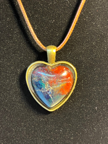 Red and blue inlaid stone, gold heart shaped pendant necklace