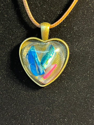 Blue and pink rocks inlaid stone, gold heart shaped pendant necklace