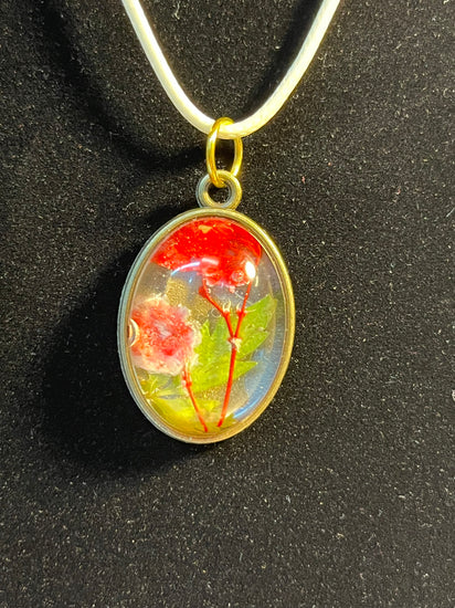 Red flower & green leaf inlaid stone, gold oval shaped pendant necklace