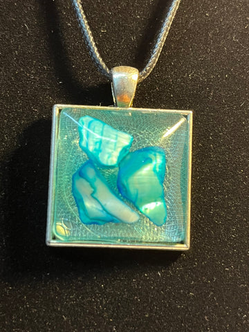 Teal rock inlaid stone, silver square shaped pendant necklace