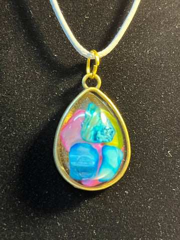 Pink, blue and green rock inlaid stone, gold tear drop shaped pendant necklace