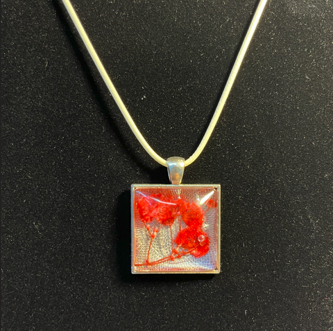 Red dried flower inlaid stone, silver square pendant necklace